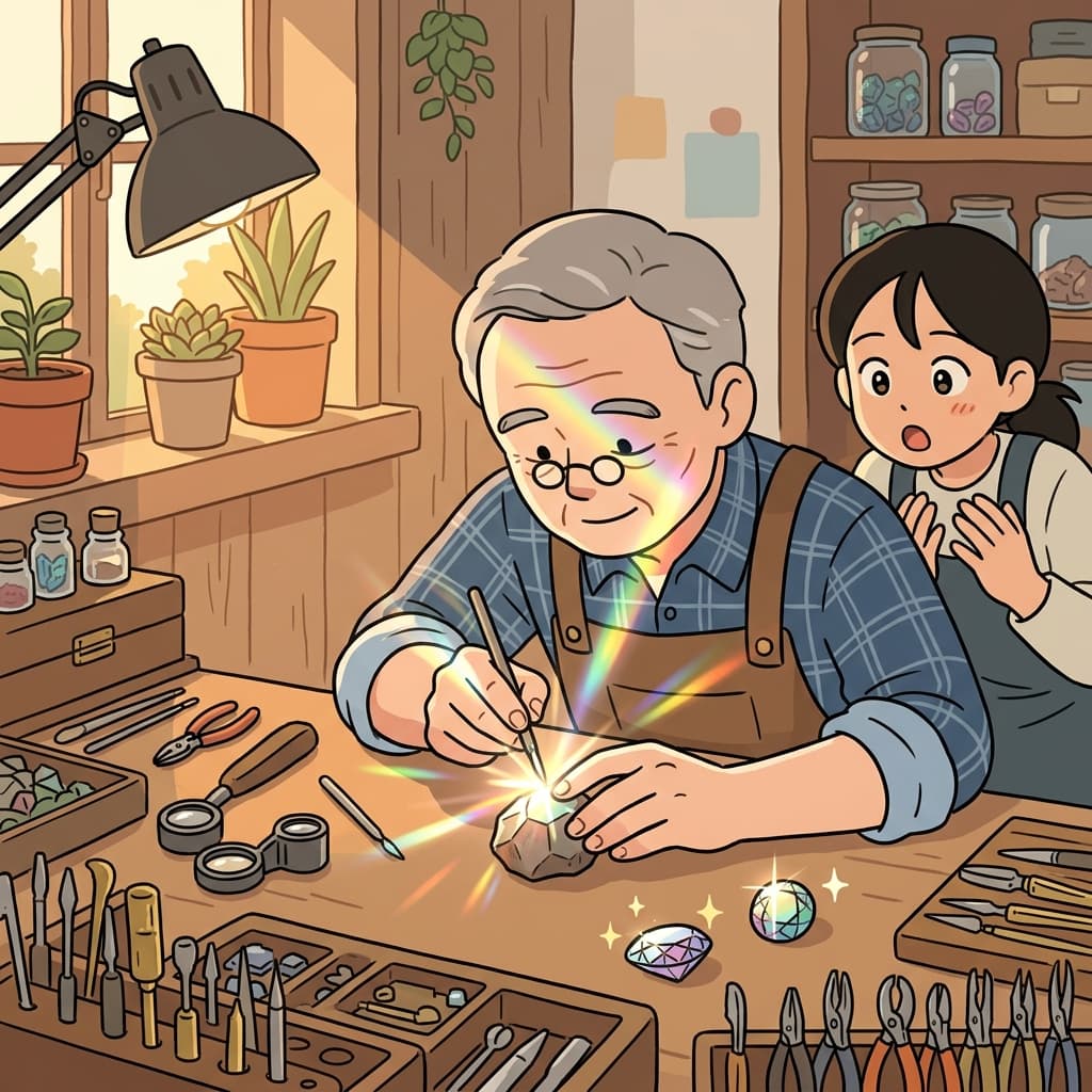 보석 세공사가 원석을 조심스레 다듬어 반짝이는 보석으로 만든다.