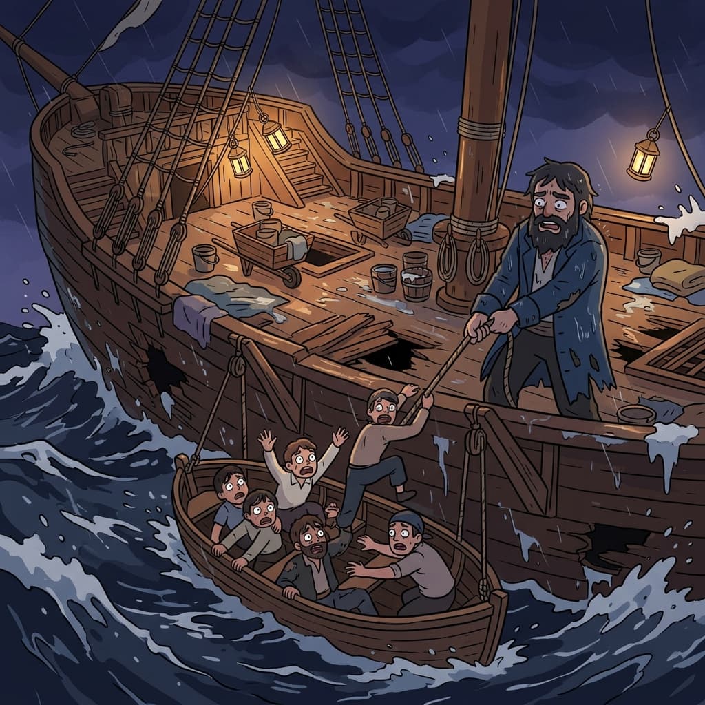 배가 가라앉기 직전, 구명보트가 유일한 마지막 수단이었다.
