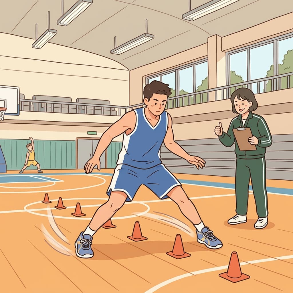 그 선수는 수비를 강화하기 위해 좌우 측면 이동을 연습했다.