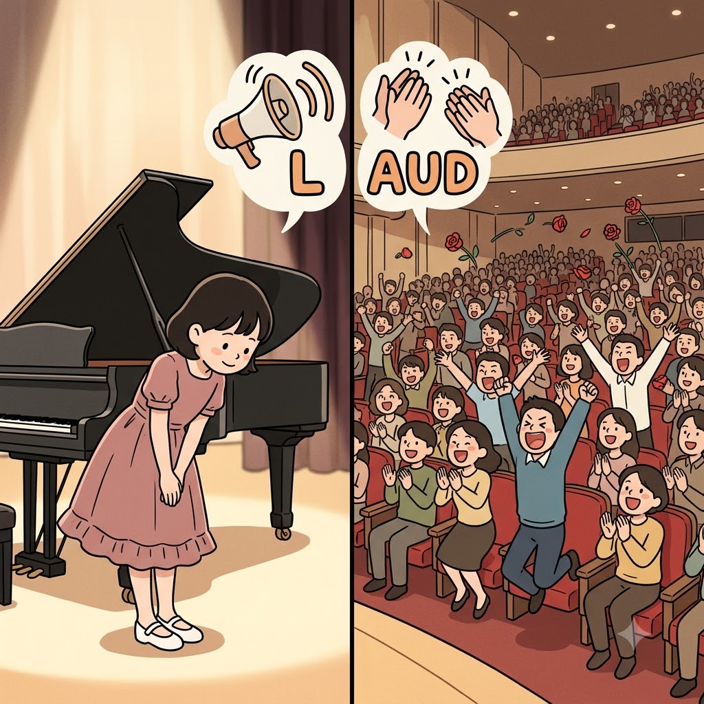 관객들은 그녀의 뛰어난 피아노 연주가 칭찬할 만하다고(laudable) 생각하며 큰 박수를 보냈다.