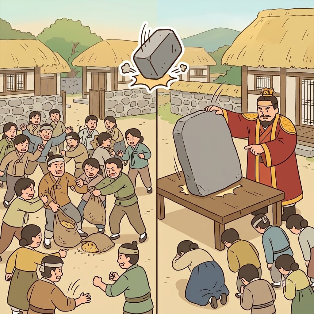 LAW(정해진/놓인 것) — 무거운 석판에 영구적으로 새겨져 놓인(LAW) 고대 문자들을 물리적으로 가리키며, 왕은 깨질 수 없는 법(law)을 만들었다.