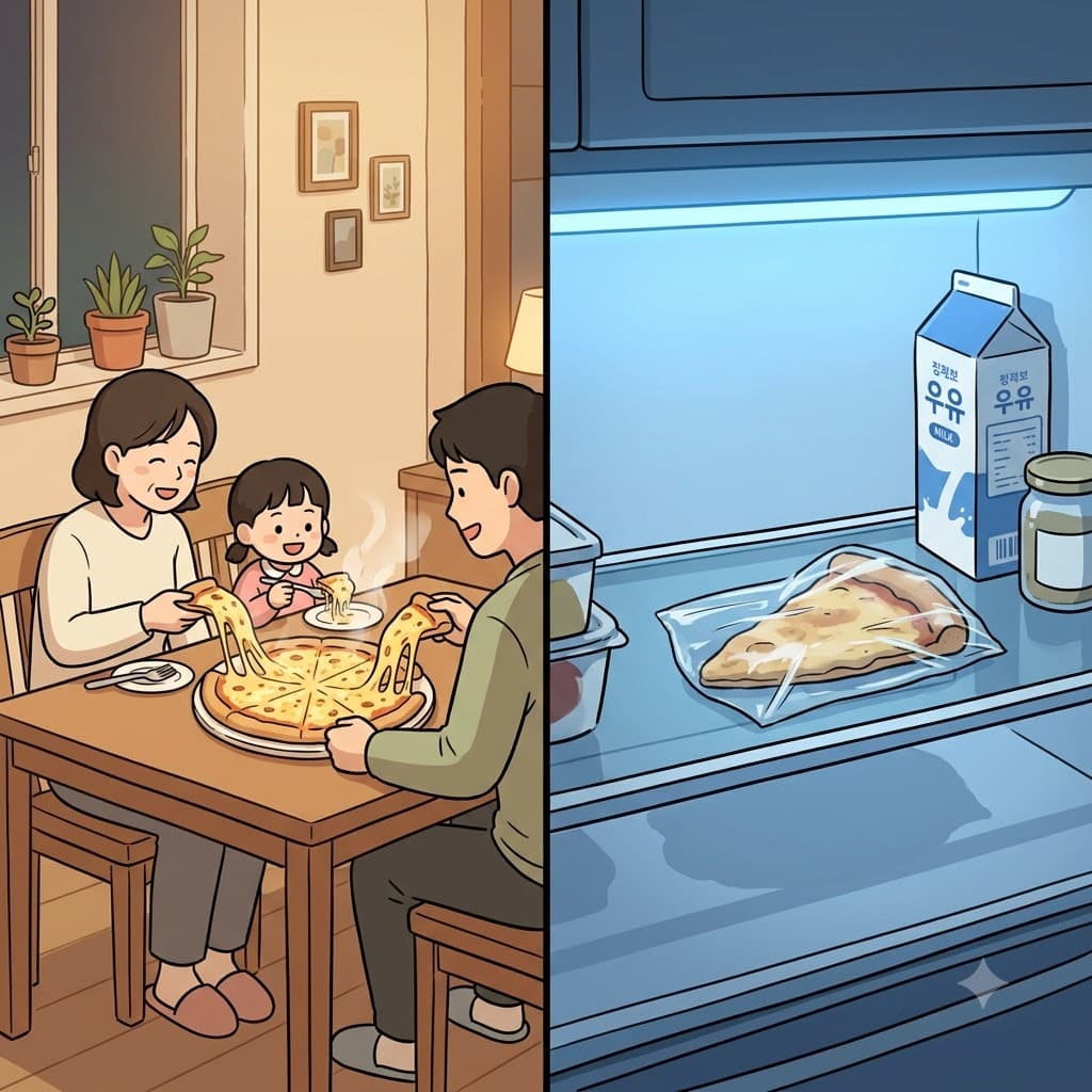 가족들이 김이 모락모락 나는 피자를 맛있게 먹는 동안, 차갑게 식은 몇 조각은 냉장고 속 남은 음식들(leftovers)이 되었다.