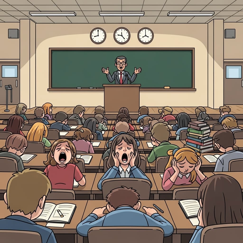 교수는 끝이 없어 보이는 긴 강의를 한다.