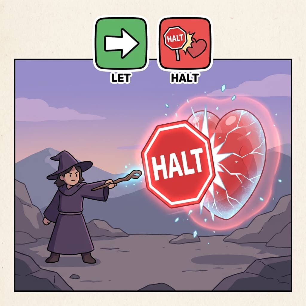 LET(하게 하다) + HALT(멈추다) — 치명적인 마법 주문은 뛰던 심장을 즉시 멈추게(halt) 만든다(let).