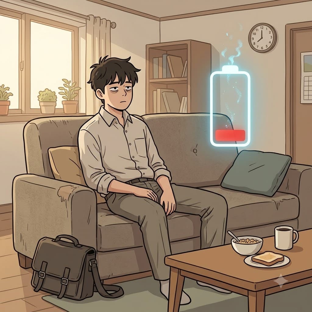 그의 무기력한(lethargic) 몸은 소파에 축 처진 채 아침 에너지가 사라지는 듯했다.
