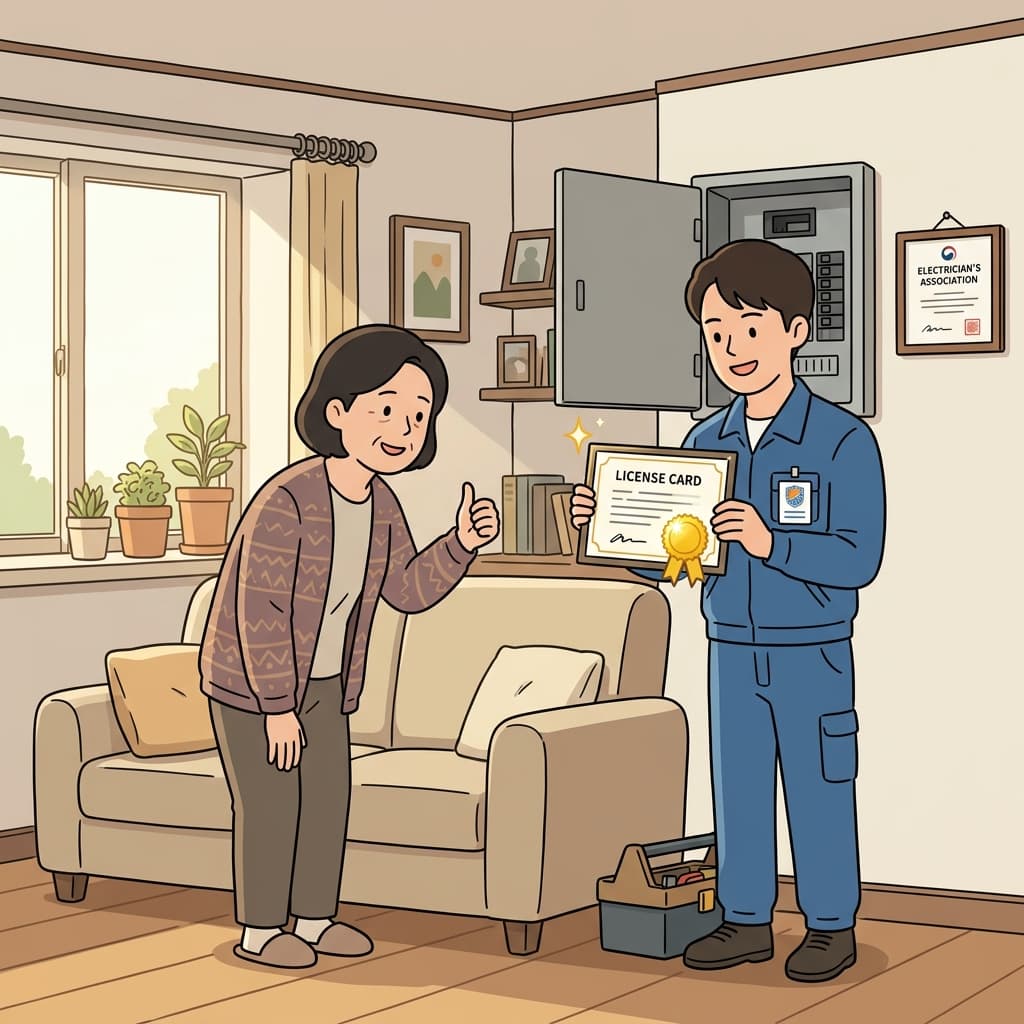 자격증을 가진 전기기사가 인증서를 보여주고 작업을 시작한다.