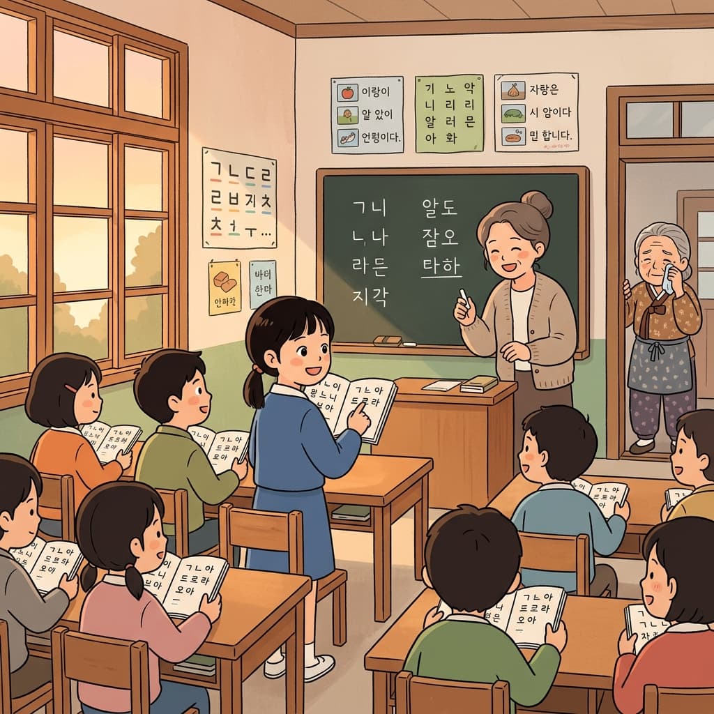마을 학교 아이들이 드디어 글을 읽을 줄 알게 되어 자랑스럽게 낭독한다.