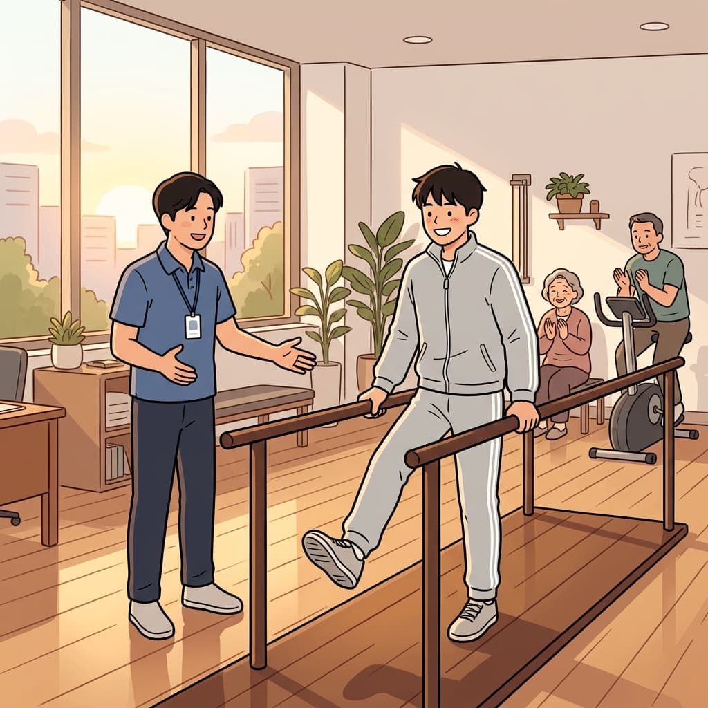 재활 끝에 그는 다시 걷는 힘을 되찾았다.
