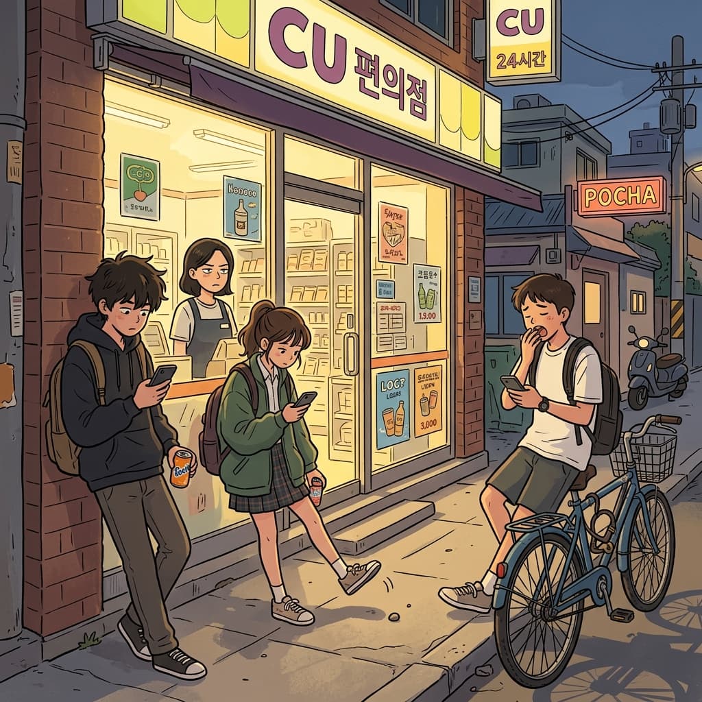 편의점 앞에서 애들이 하릴없이 어슬렁거리고 있다.