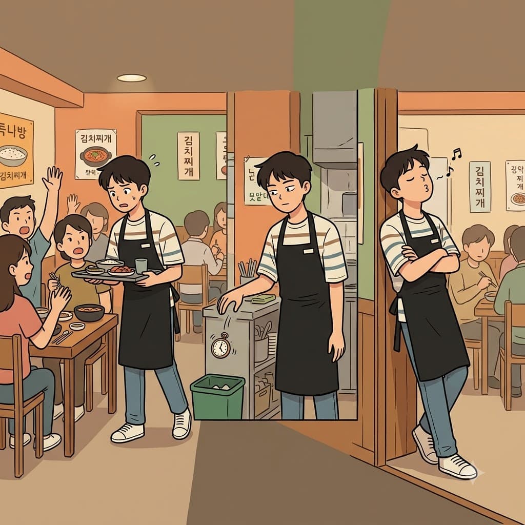 일을 나중(later)으로 미루기로 한 게으른 웨이터(waiter)처럼 행동하며, 그는 주방 문 옆에서 그저 계속 빈둥거렸다(loiter).