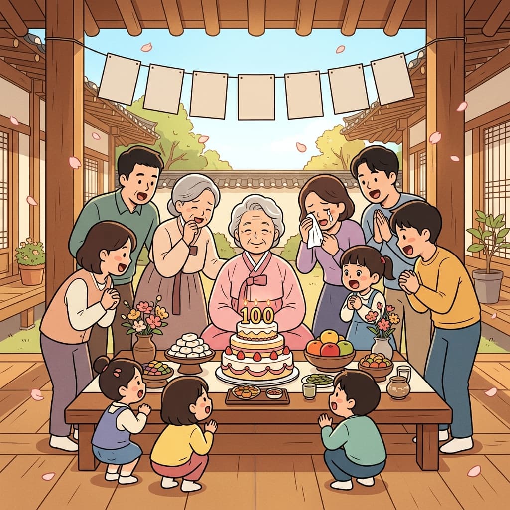 할머니의 100세 생신, 온 가족이 장수를 축하한다.