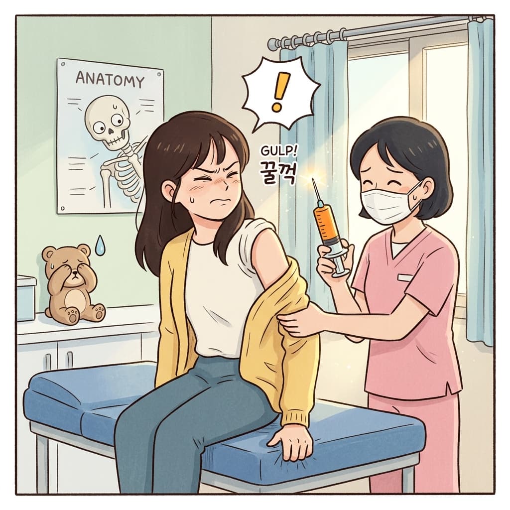 간호사가 큰 주사기를 꺼내자 그녀는 얼른 고개를 돌렸다.