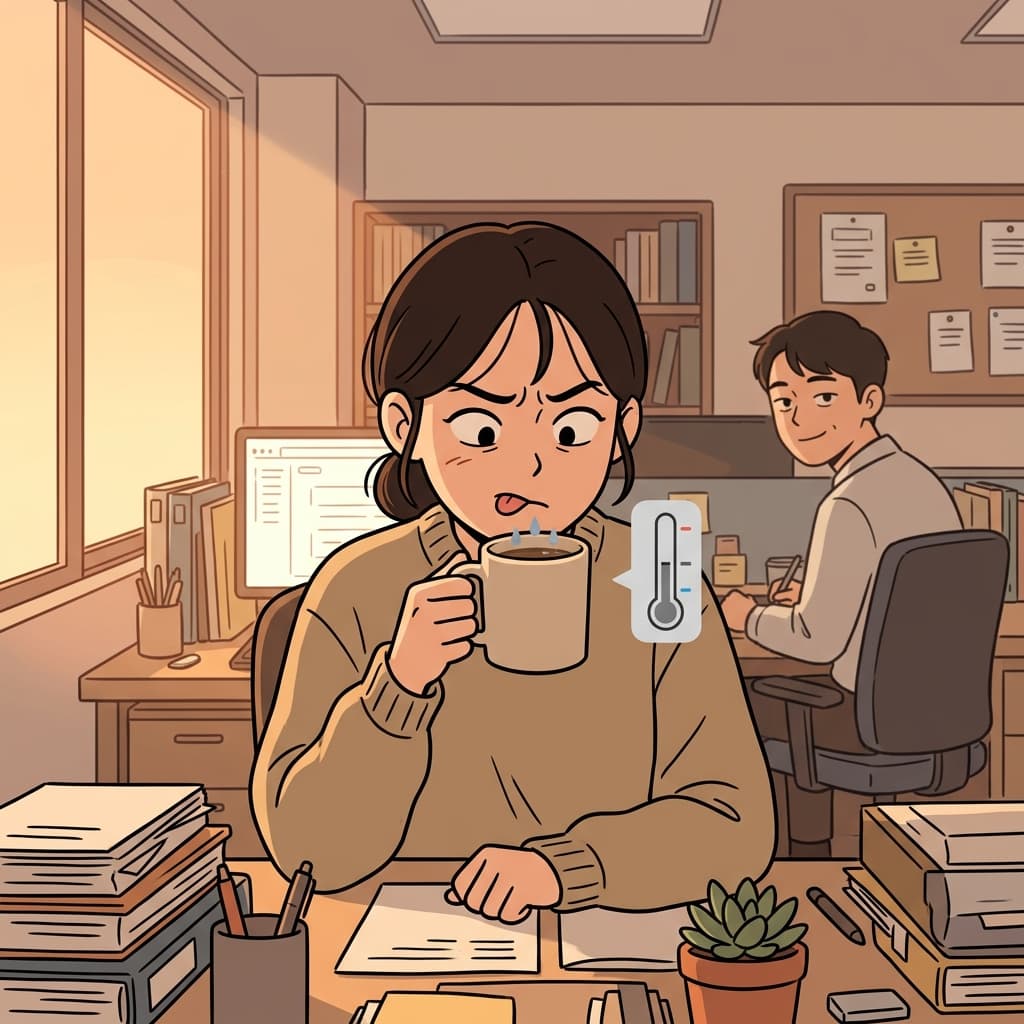 책상에 오래 둔 커피가 미지근해서 그녀는 인상을 찌푸렸다.