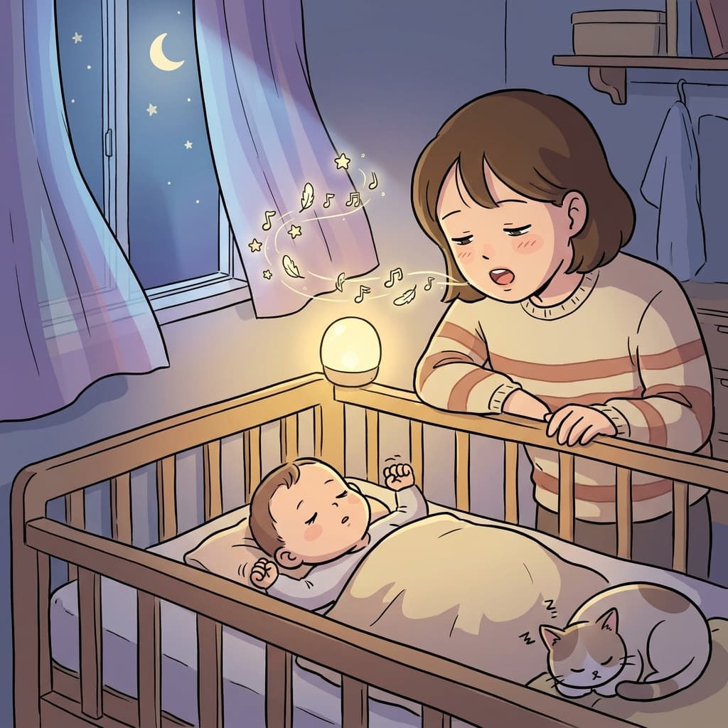 엄마가 자장가를 부르자 아기가 스르르 잠든다.