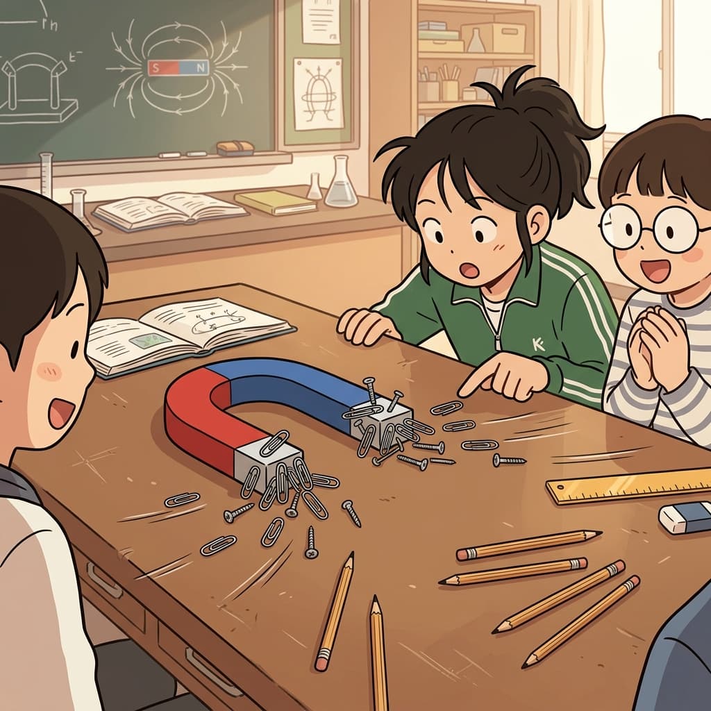 자석은 탁자 위의 쇠못들을 끌어당겼다.