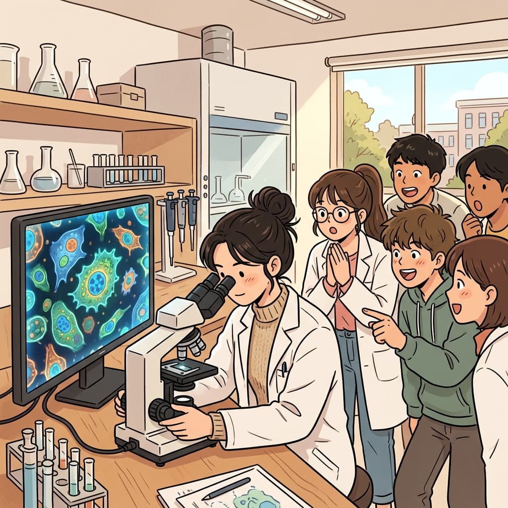 과학자는 현미경으로 아주 작은 세포를 확대해 관찰했다.