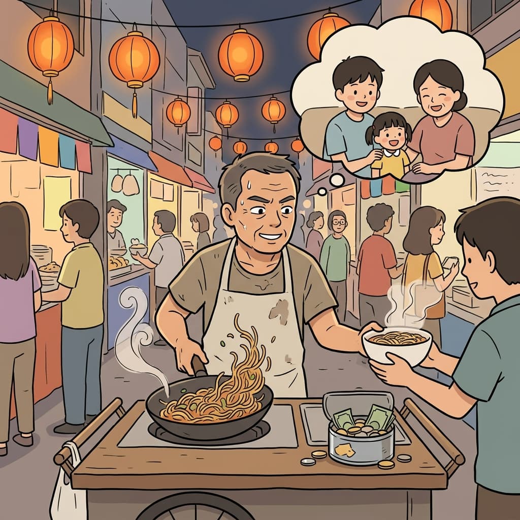 그는 가족을 먹여 살리려고 매일 밤 시장에서 일한다.