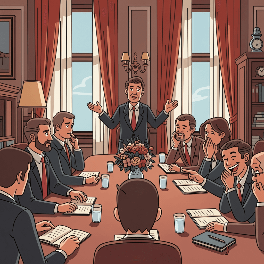 그의 말실수에 방 안의 공기가 순간 얼어붙는다 — 그는 자신만만하게 엉뚱한 단어를 말하고, 주변 사람들은 어색하게 놀란다.