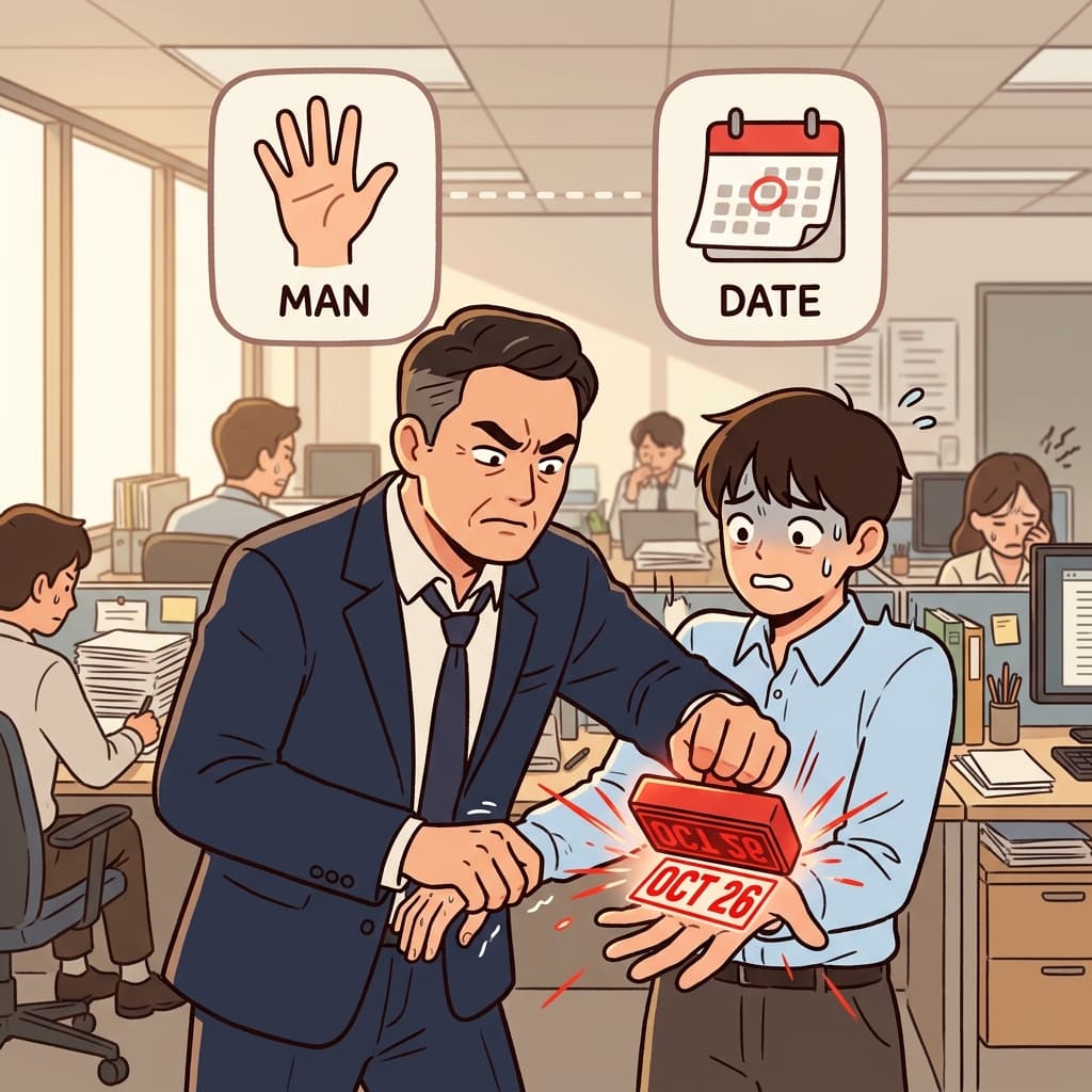 MAN(손) + DATE(날짜/마감일) — 명령한다(mandate)는 것은 누군가의 손에 엄격한 마감 날짜를 강제로 찍어 통보하는 것이다.