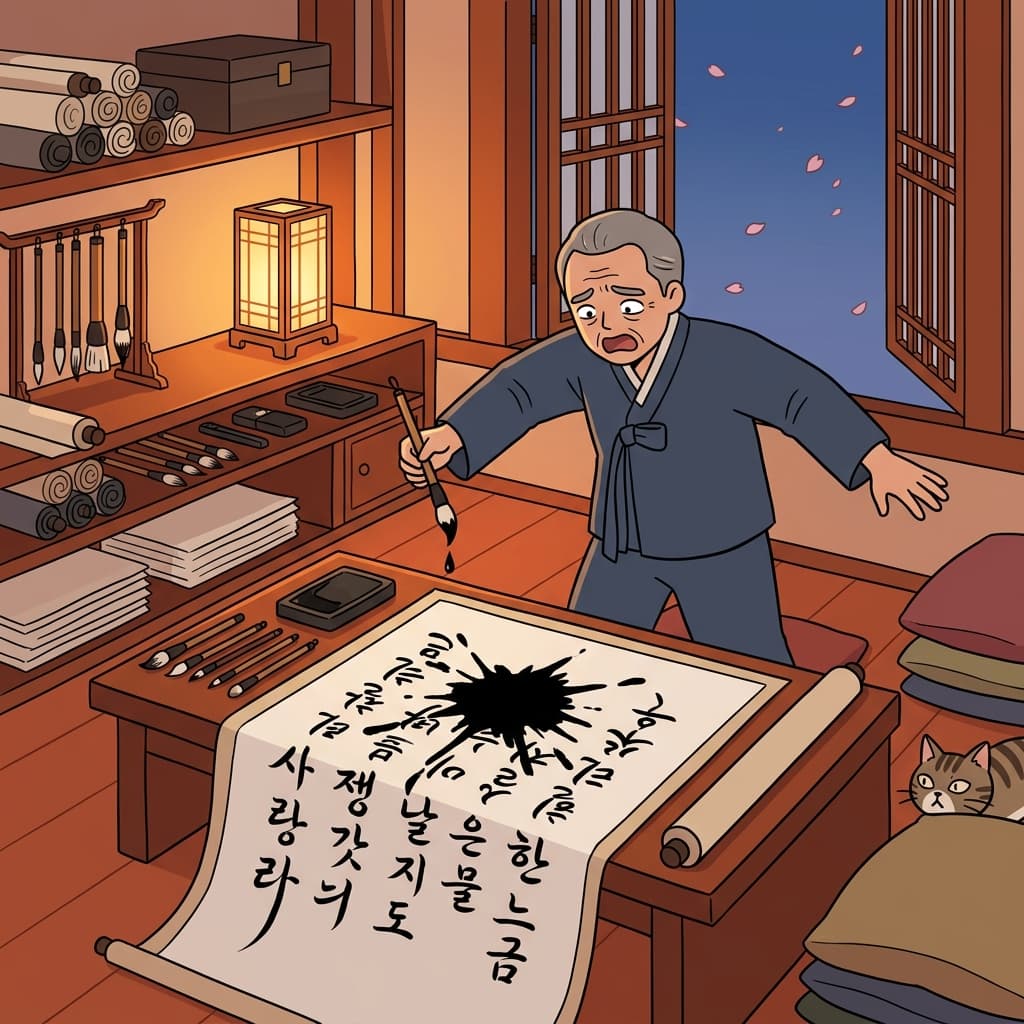 다 완성한 작품에 잉크 한 방울이 툭 떨어져 다 망쳤다.