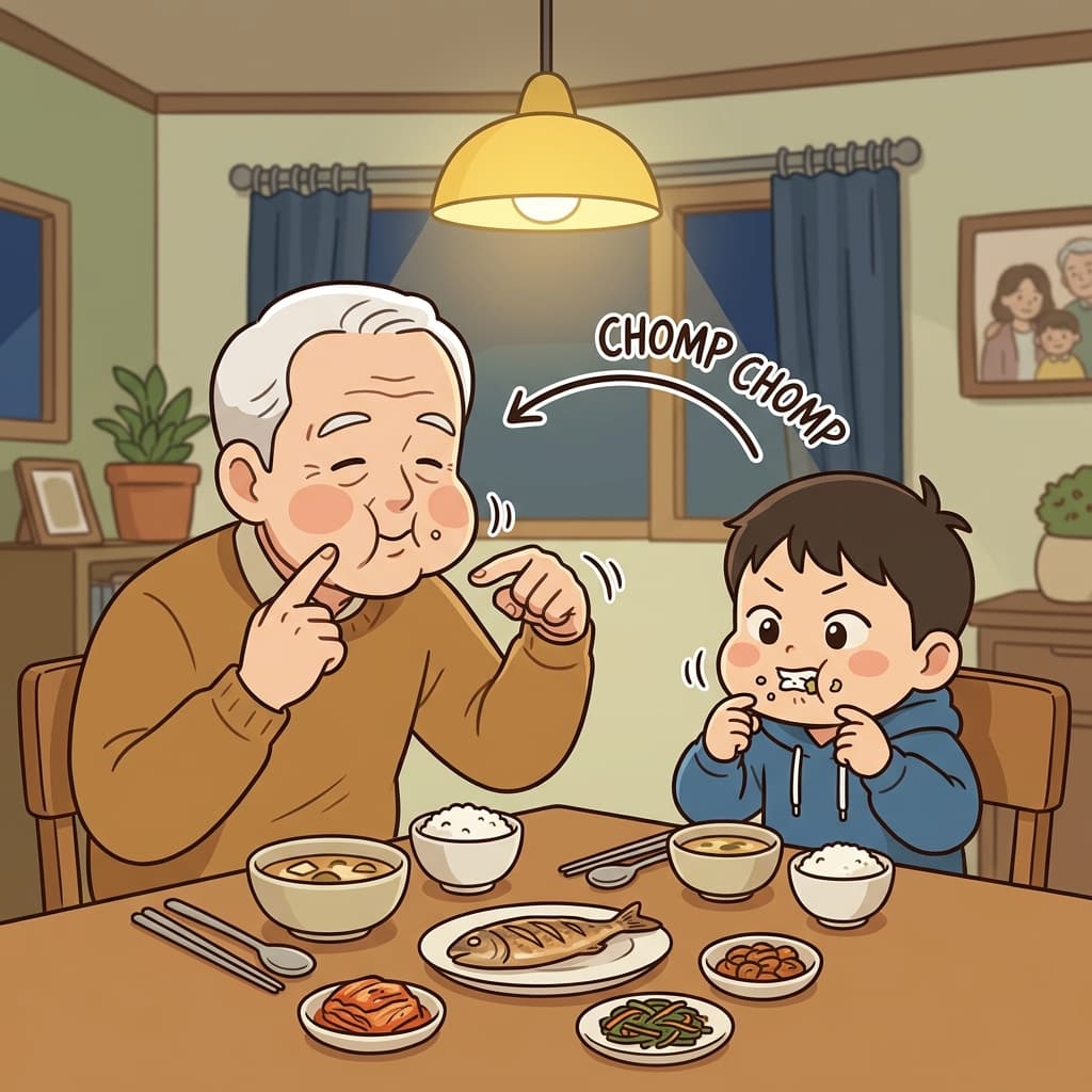 할아버지가 손자에게 한 입 한 입 천천히 씹어 먹으라고 알려준다.