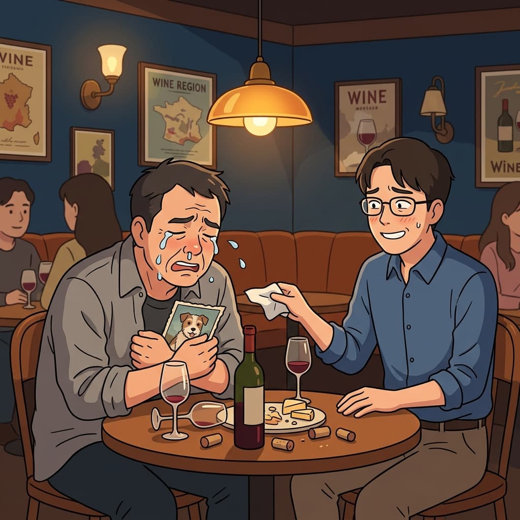 와인 몇 잔 마시더니 어릴 적 강아지 얘기하면서 질질 짜네.