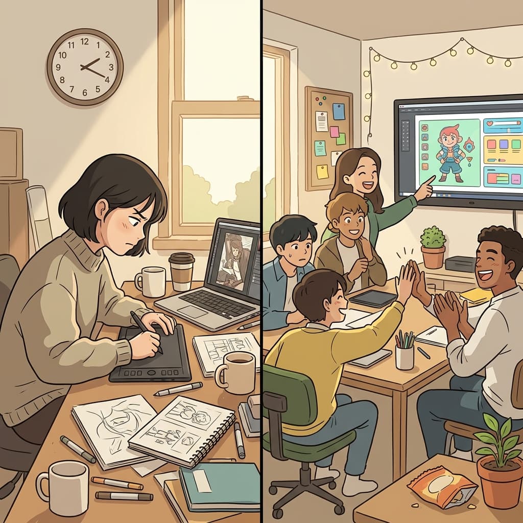 그녀가 열심히 노력하는 동안 사람들은 그 노력이 가치 있게 되자 미소 지었다.