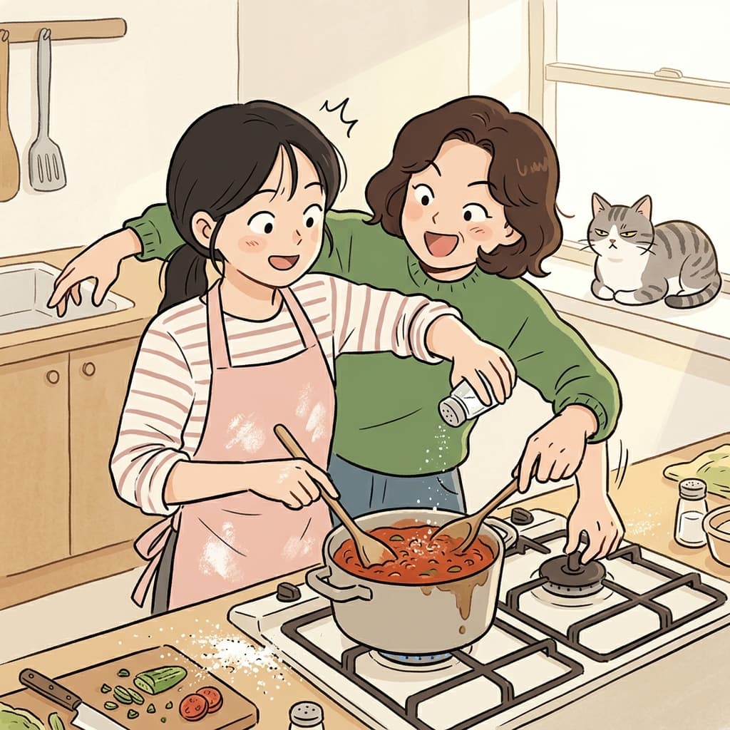 언니 요리에 자꾸 참견하지 마, 알아서 하고 있잖아.