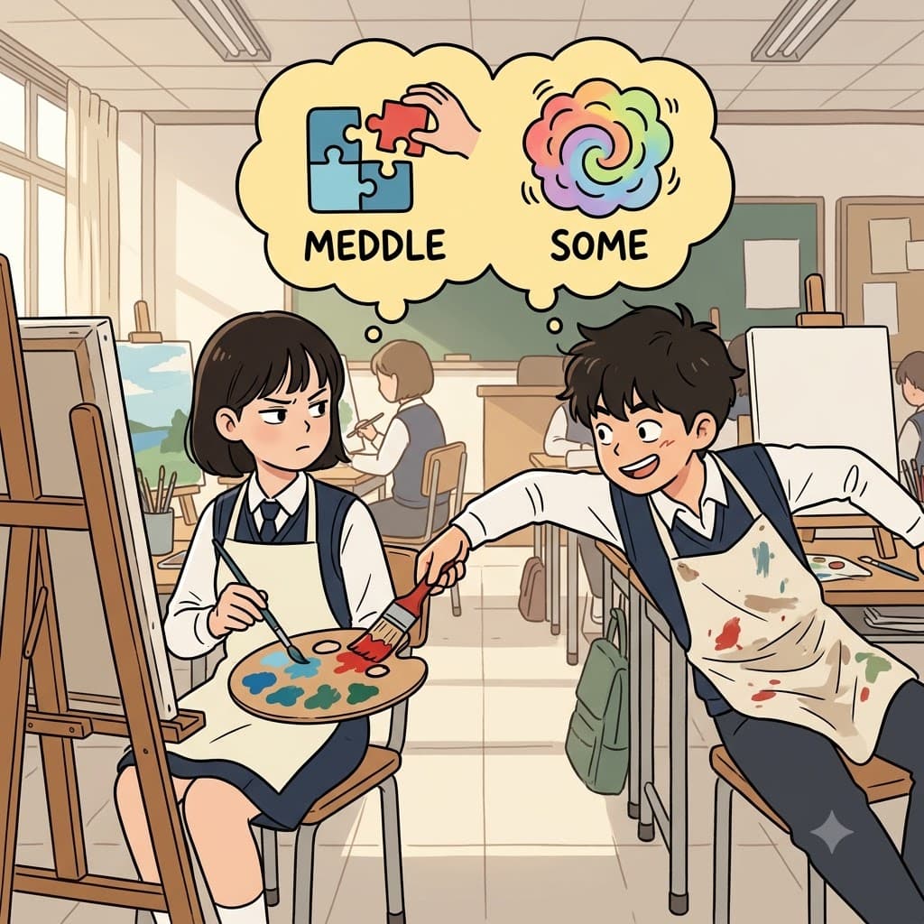 소년은 짝의 그림에 계속 참견하며(meddling), 자기 붓을 그녀의 팔레트에 넣고 어떤 색을 써야 할지 훈수했다.