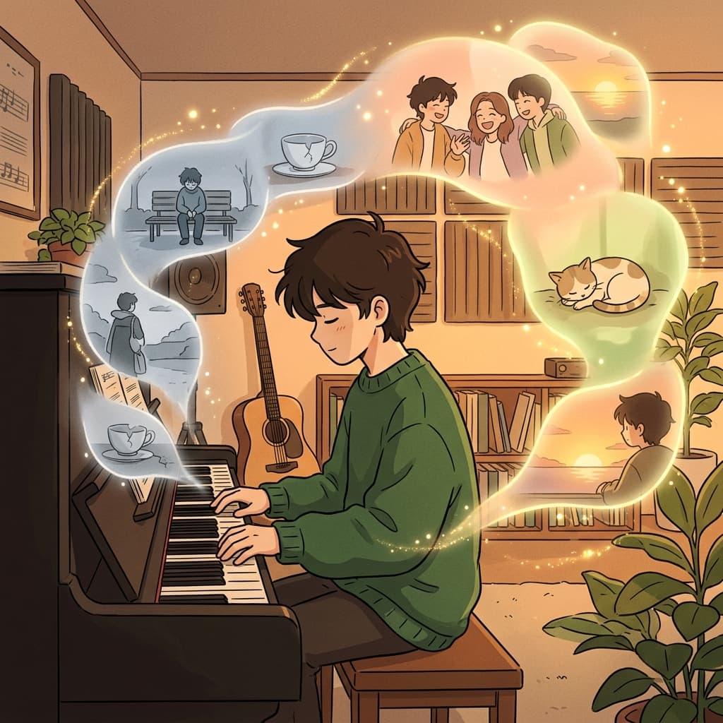 우울한 기억들은 음악 속에서 천천히 평온함을 찾았다.