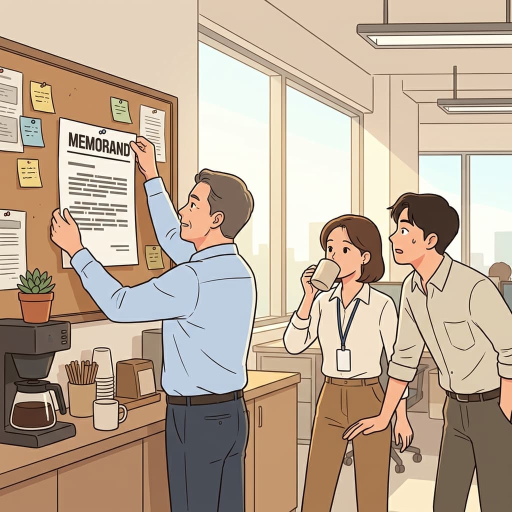 매니저가 새 사무실 규정을 알리는 메모를 게시판에 붙였다.