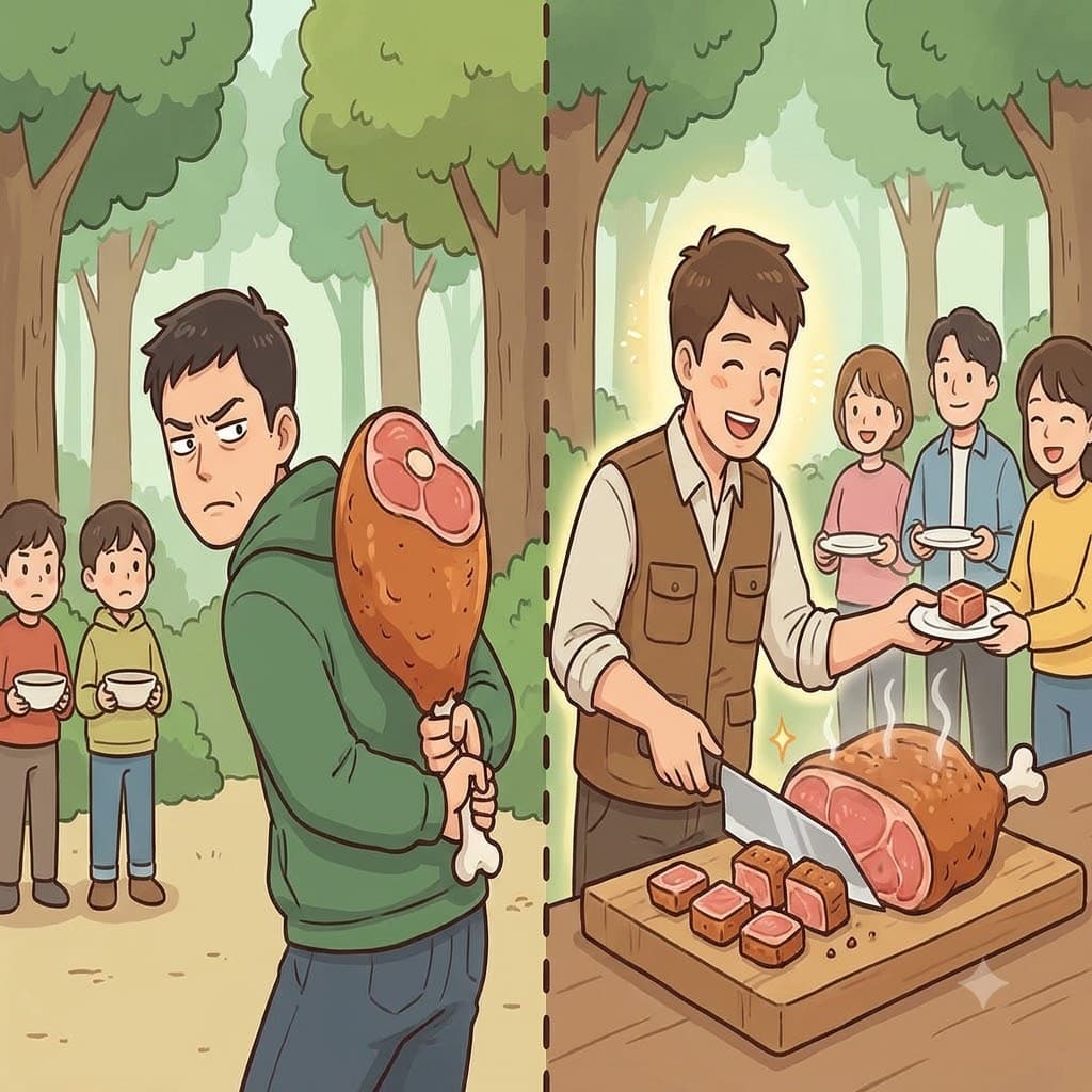 "이 미트(meat/고기)를 나눠야 해!" 사냥꾼은 신선한 고기를 캠프의 모든 사람에게 공평하게 할당하고 배분하기로(mete) 결정했다.