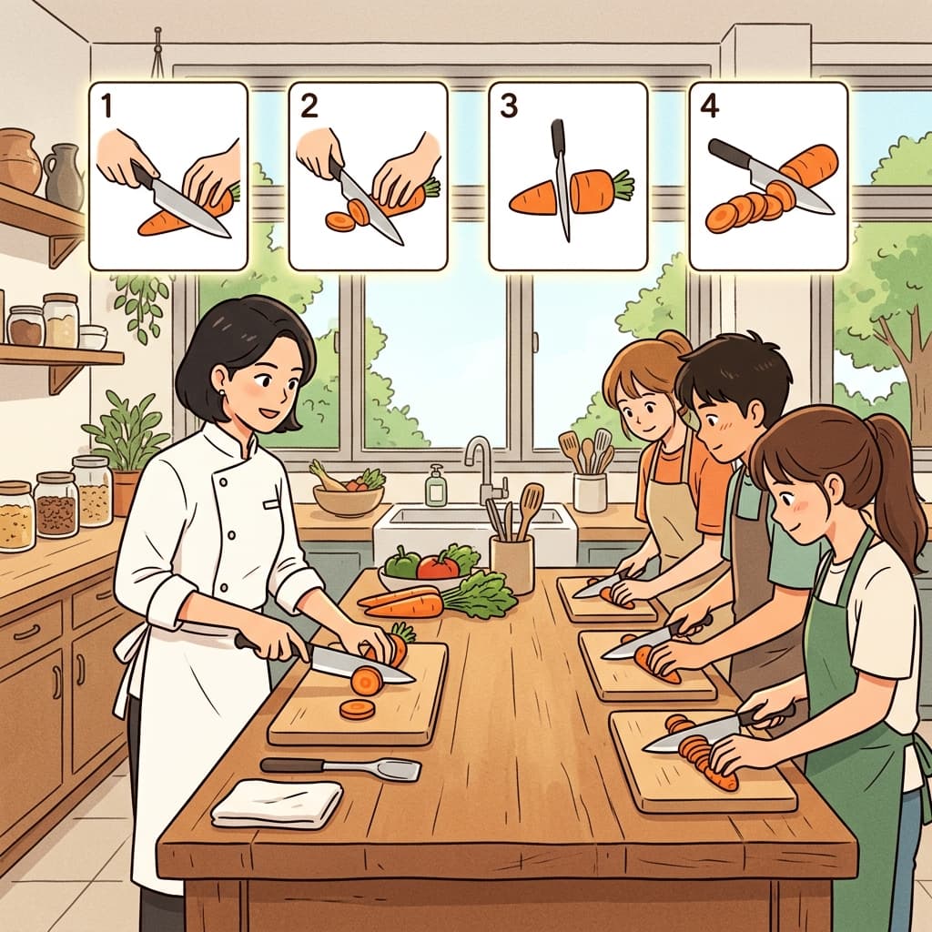 셰프가 칼질하는 방법을 하나하나 차근차근 알려준다.