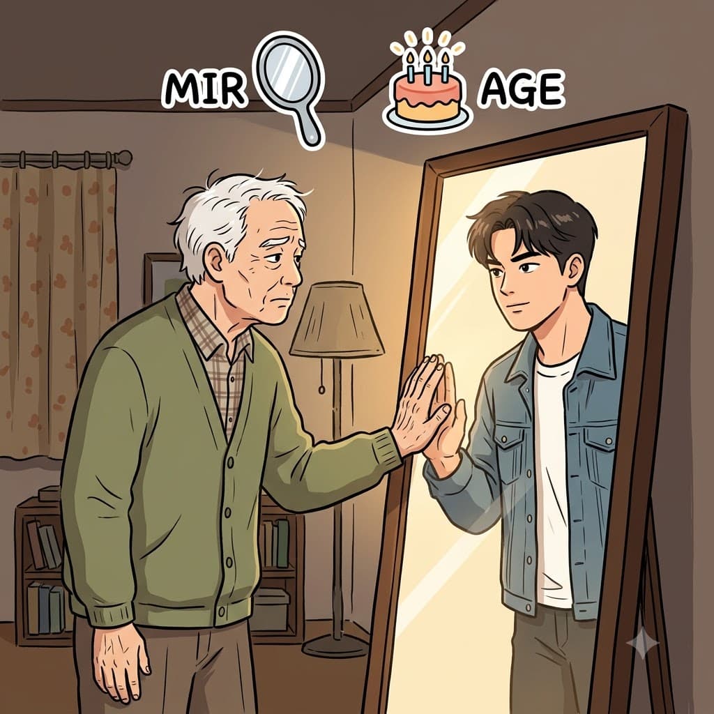 MIR(거울) + AGE(나이) — 거울(MIR) 속에 비친 젊은 나이(AGE)를 바라보며, 노인은 그 젊은 모습이 단지 환상(mirage)일 뿐임을 깨달았다.