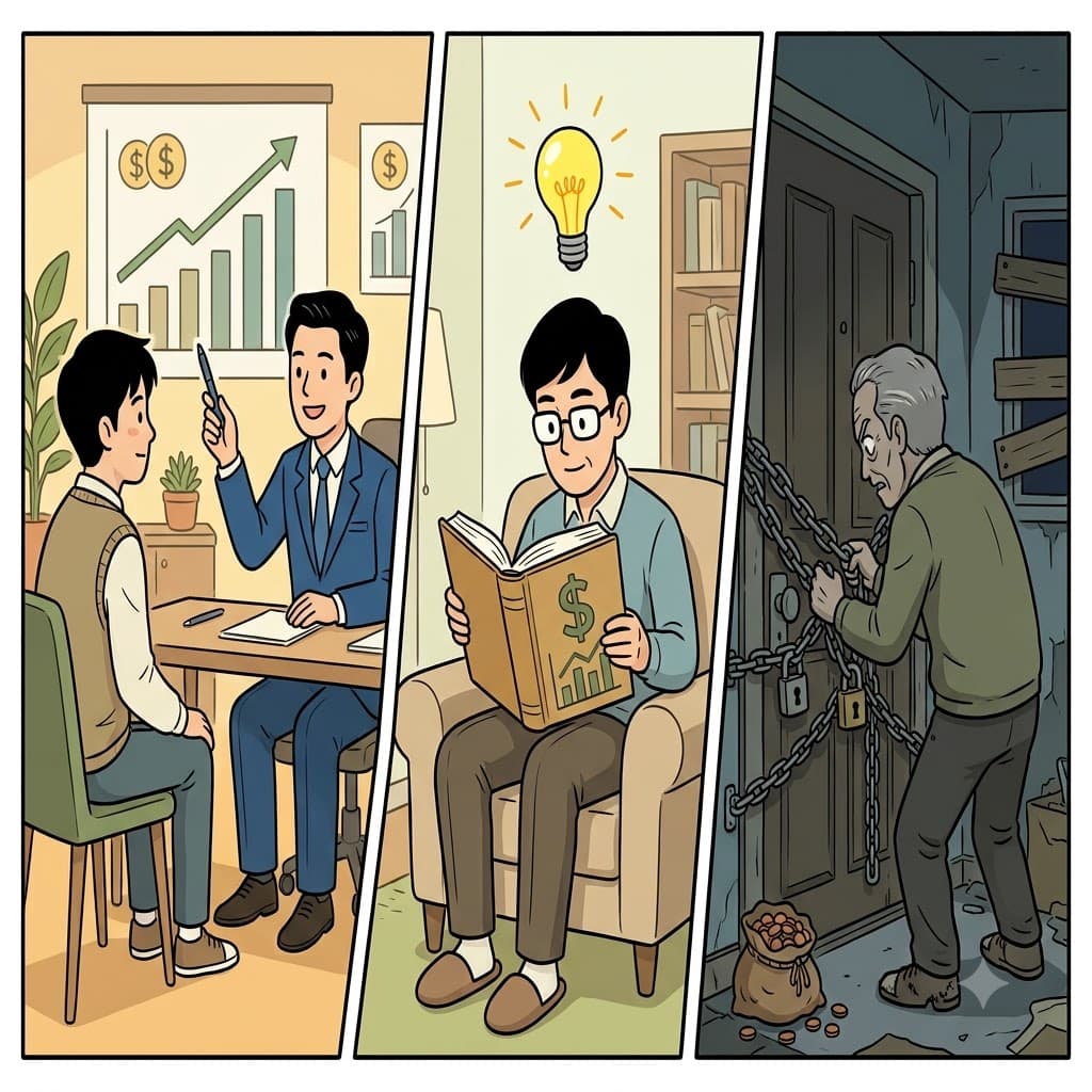 더 현명해지기(wiser) 위해 재무 고문(advisor)의 말을 듣다가, 그는 돈을 너무 많이 아껴서 슬픈 구두쇠(miser)로 변해버렸다.