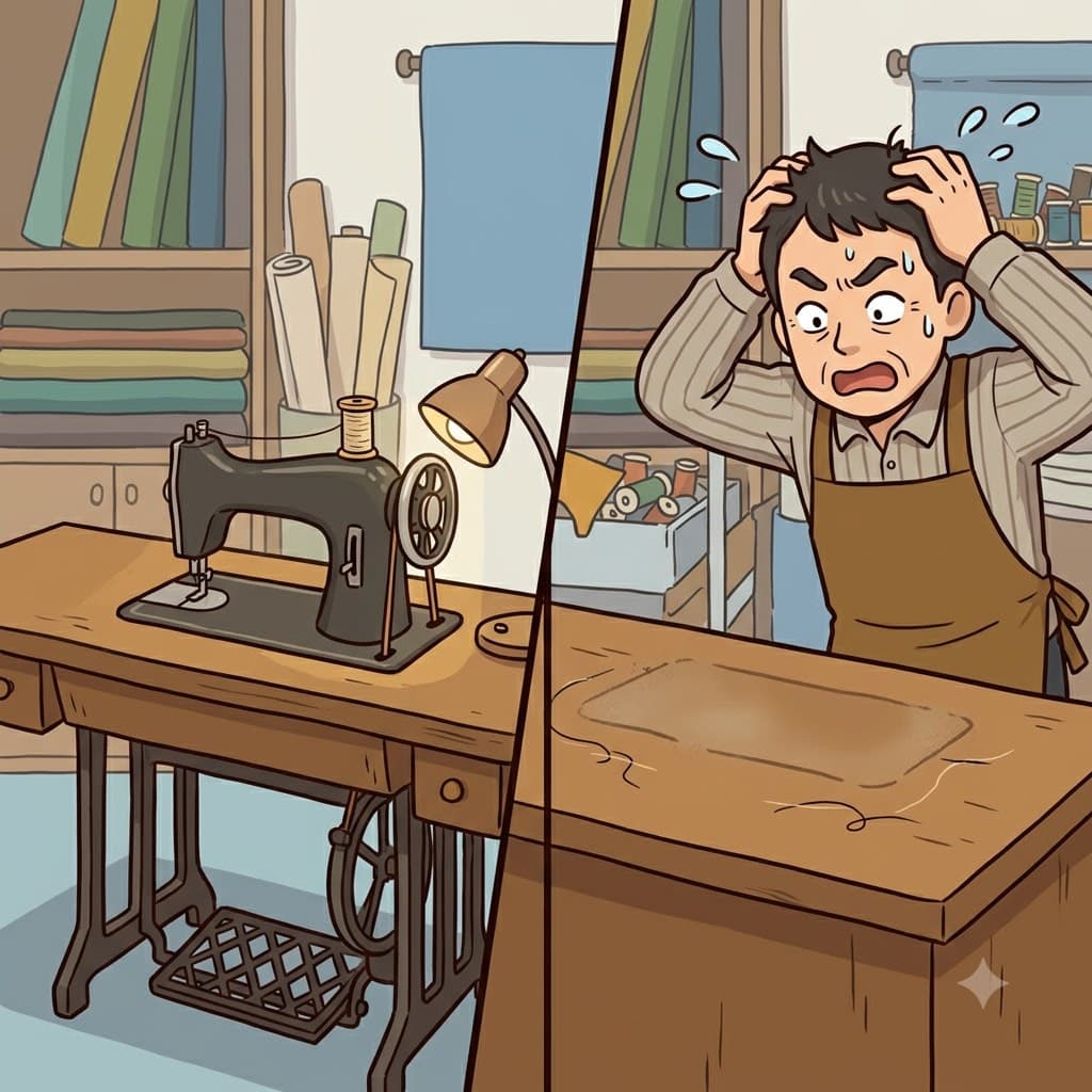 "내 무거운 미싱(missing) 어딨어!" 재단사는 테이블에서 자신의 기계가 완전히 분실되어(missing) 패닉에 빠졌다.