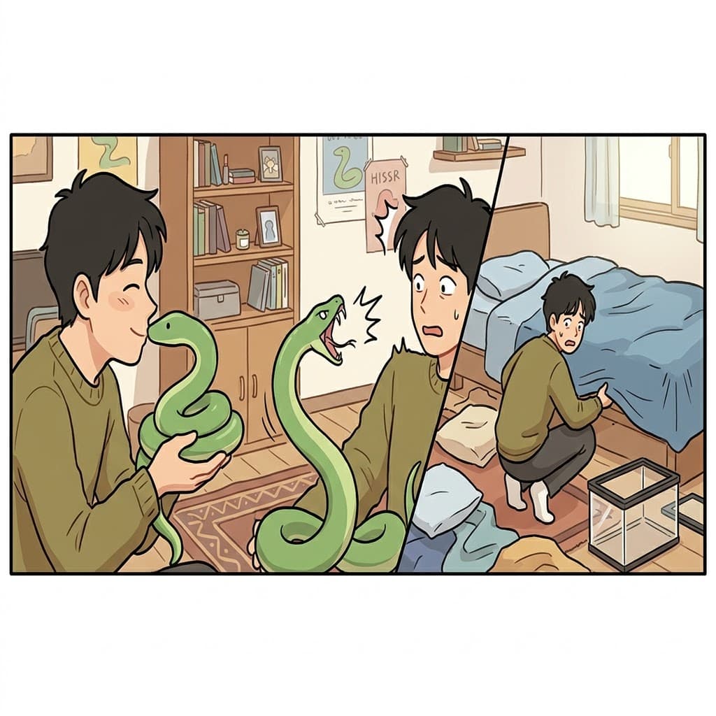 애완 뱀에게 부드럽게 입을 맞춘(kissing) 후, 뱀은 폭력적으로 쉭쉭거리는(hissing) 소리를 내며 빠르게 빠져나가 완전히 실종되었다(missing).