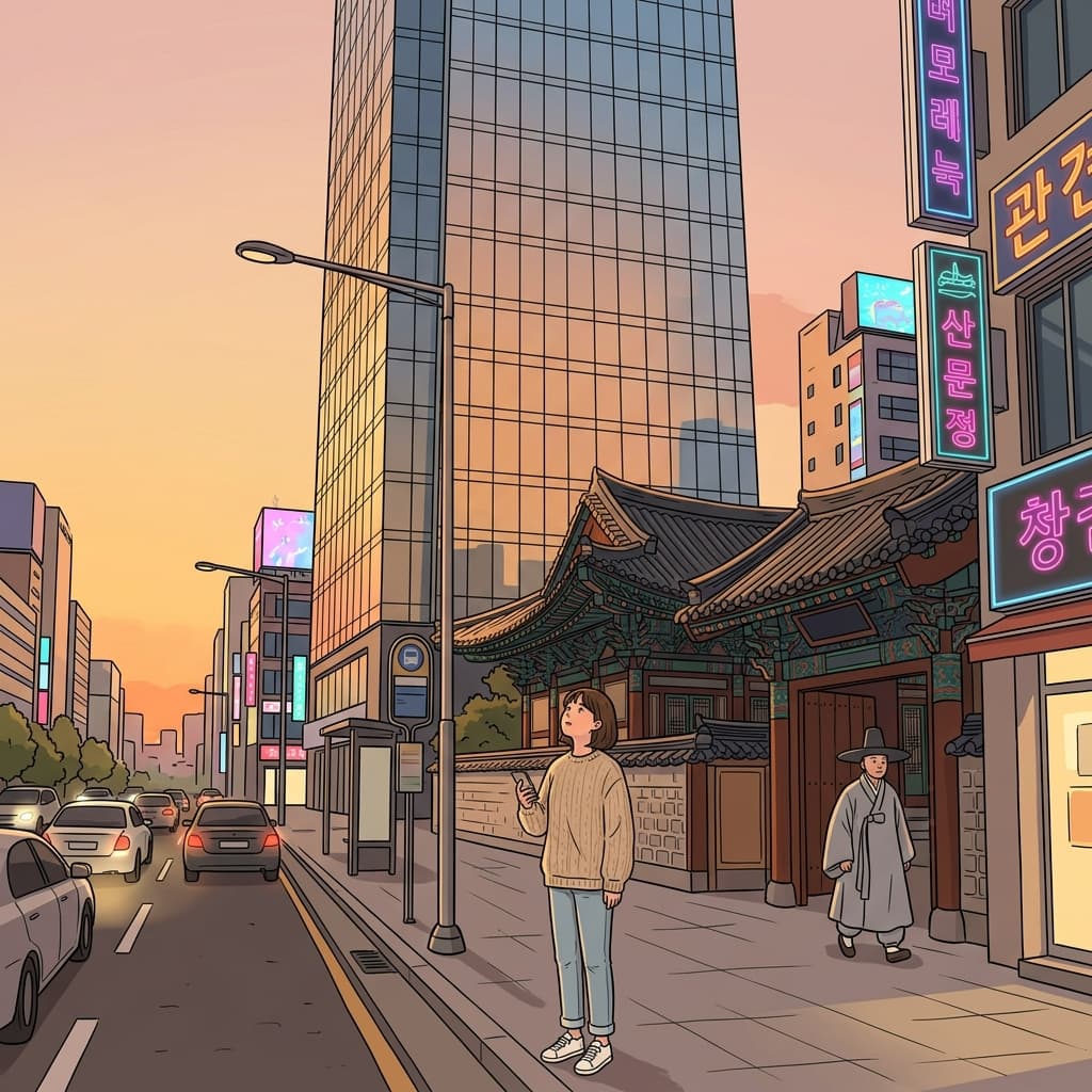 낡은 절 옆에 유리 빌딩이 솟아 있어, 현대성이 확 느껴진다.