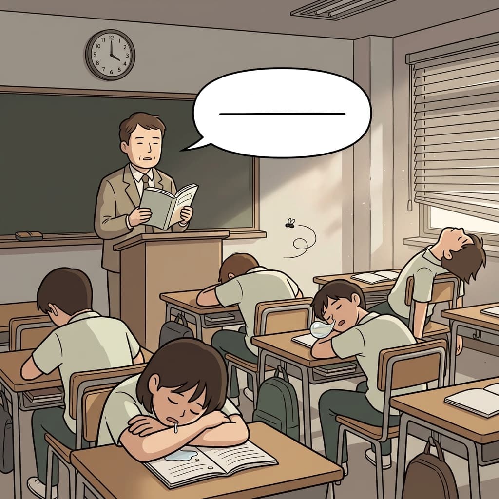 선생님 목소리가 너무 단조로워서 반 전체가 졸고 있다.