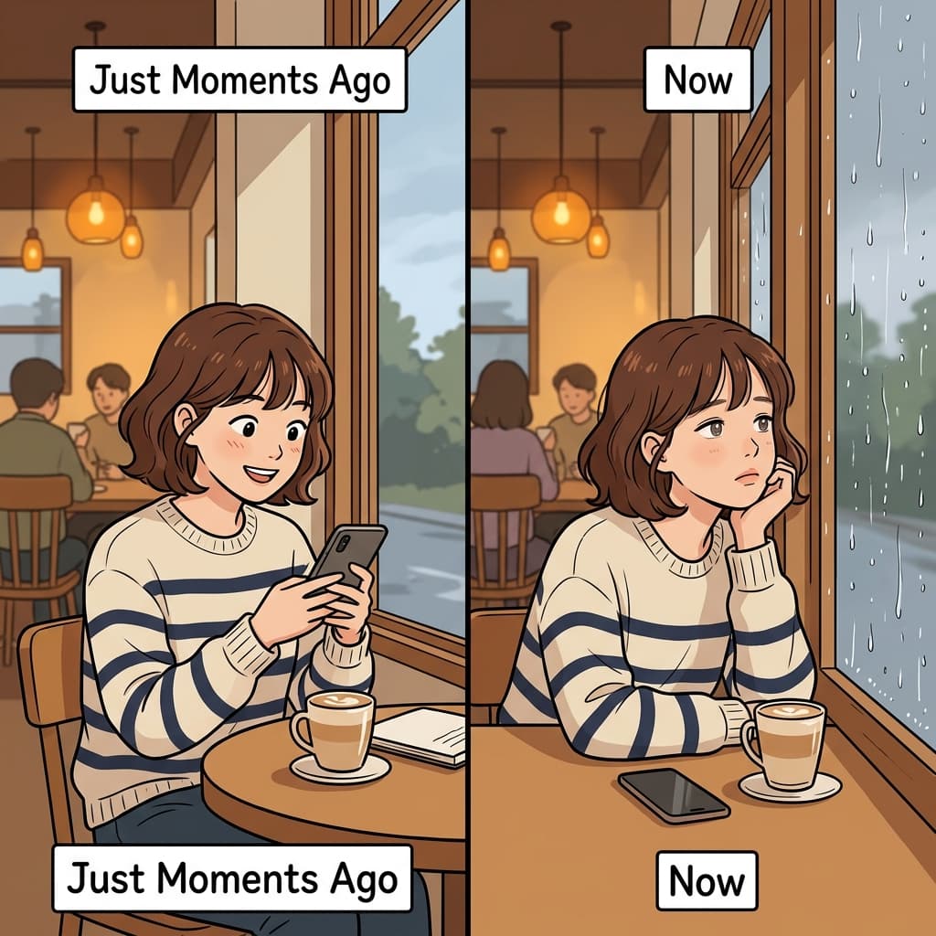 비가 창문을 두드리자 그녀의 기분이 확 바뀐다.