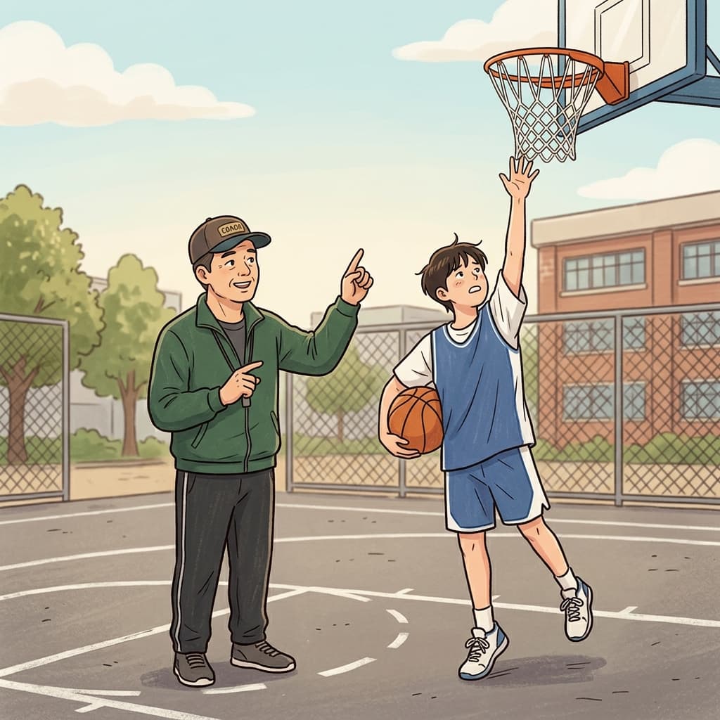 코치는 "모어 톨!(More tall!)"이라고 농담했고, 필멸의(mortal) 농구 선수는 아무리 발끝을 들어도 림에 닿지 못했다. (더 커지고 싶어도 인간은 한계가 있는 필멸의 존재)