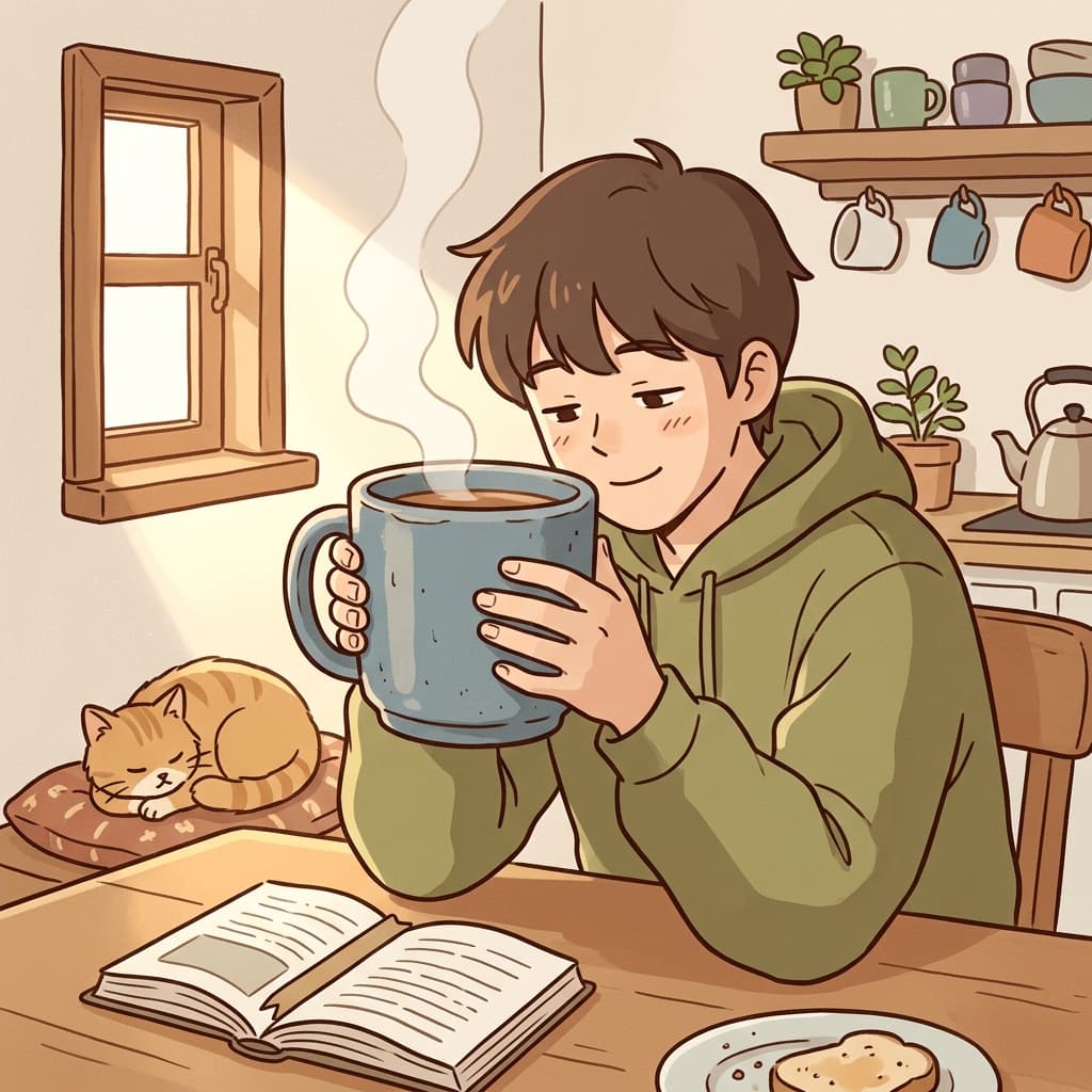 일요일 아침, 그는 큰 머그잔에 커피를 담아 천천히 마신다.