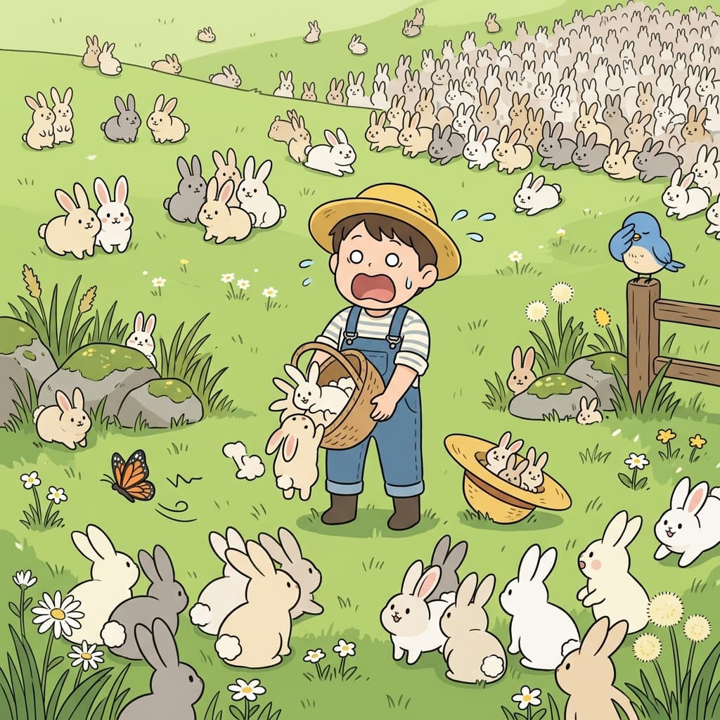 토끼들이 순식간에 늘어나서 들판이 가득 찼다.