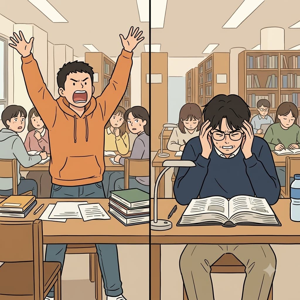 "머(mu)리가 터(ter)지겠네!" 아픈 머리를 감싸 쥐고, 스트레스받은 학생은 계속해서 작게 중얼거렸다(mutter).
