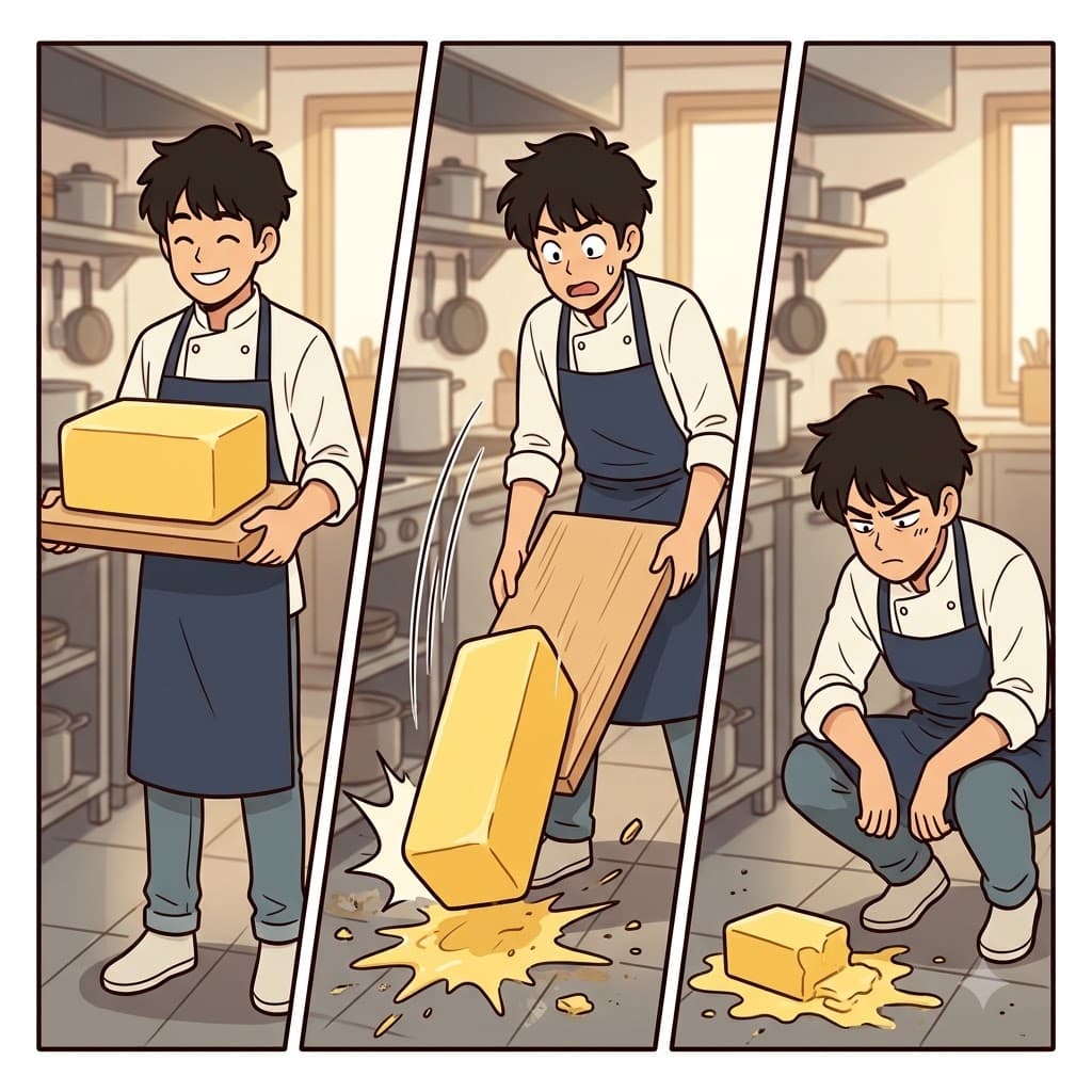 비싼 버터(butter) 덩어리를 떨어뜨린 후, 심술궂은 요리사는 짜증을 내며 조용히 중얼거리기(mutter) 시작했다.