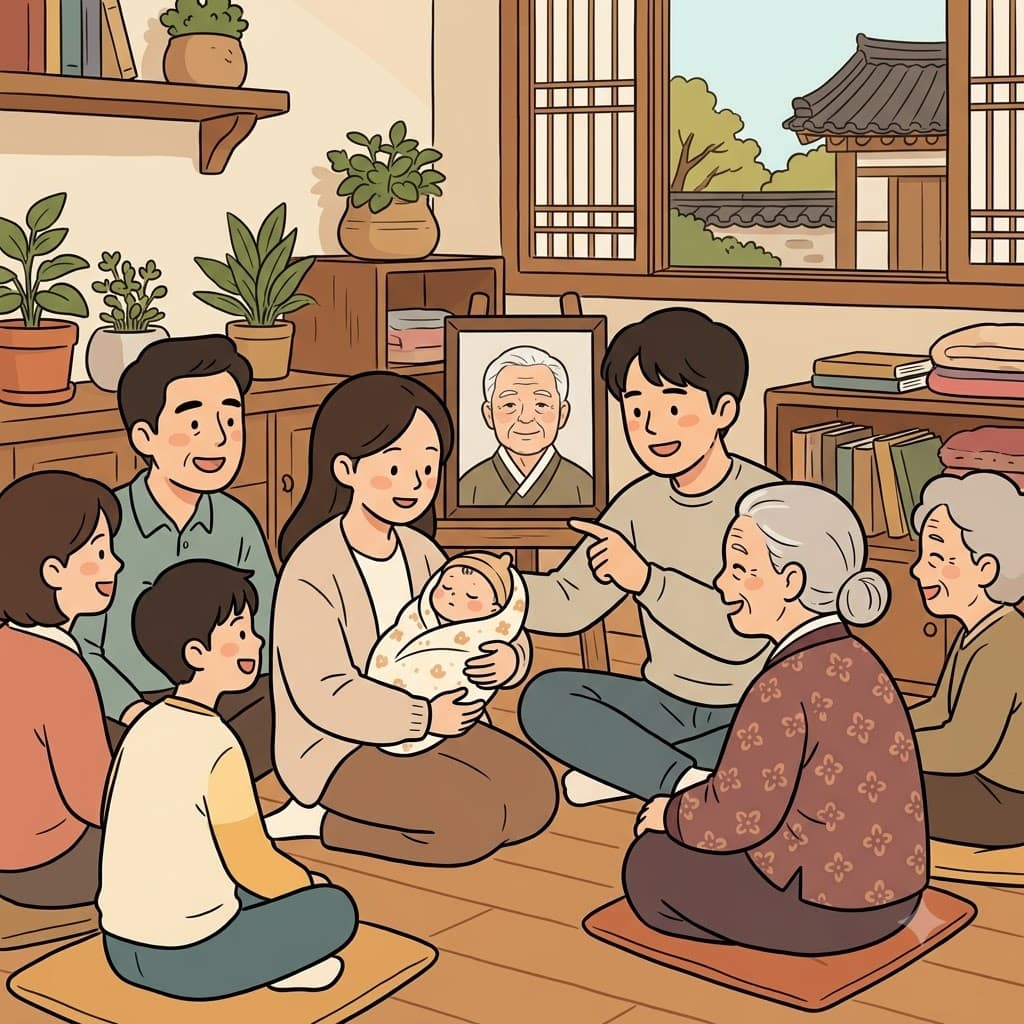 “네임 애프터! 할아버지 이름을 따서 붙여!” 가족은 아기의 이름을 할아버지의 이름을 따서 지었다.