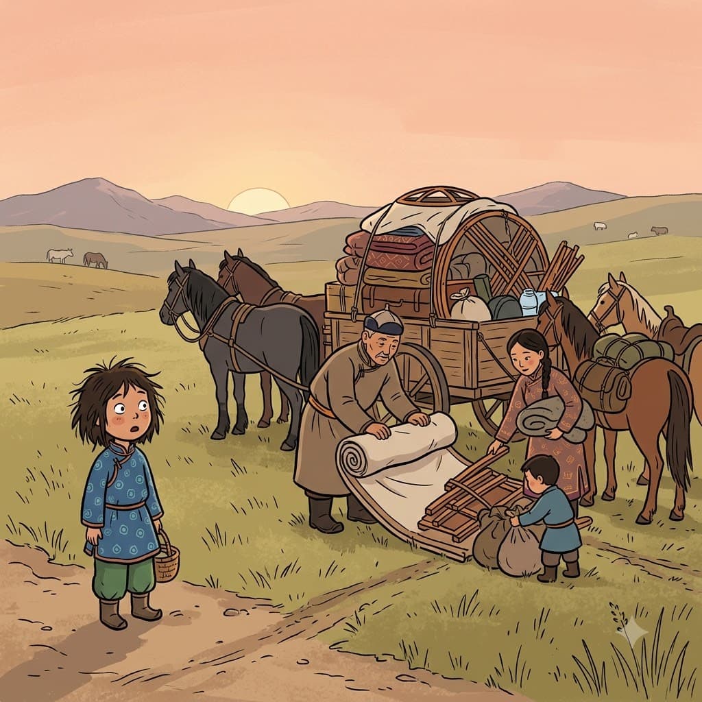 아이는 유목민(nomad)이 해 뜨자마자 천막을 접는 모습을 보고 "너, 또 가?"라고 물었다.