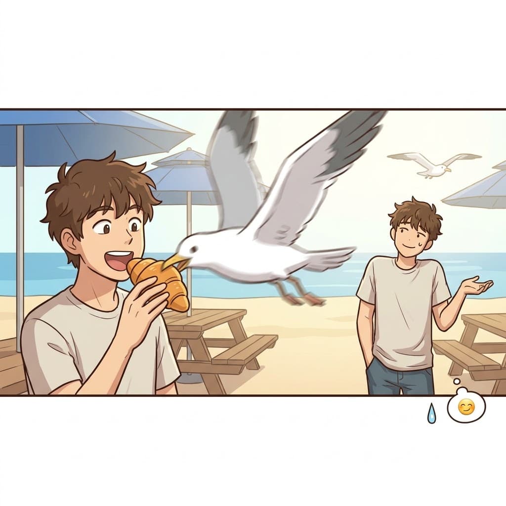 갈매기가 그의 비싼 크루아상(croissant)을 갑자기 낚아챘을 때, 남자는 화를 내는 대신 그저 완전히 무심하고 태연한(nonchalant) 으쓱임을 보였다.