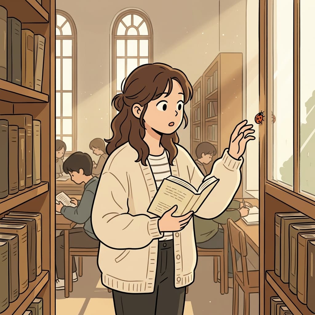 도서관 창문에 앉은 무당벌레를 그녀가 문득 알아챘다.