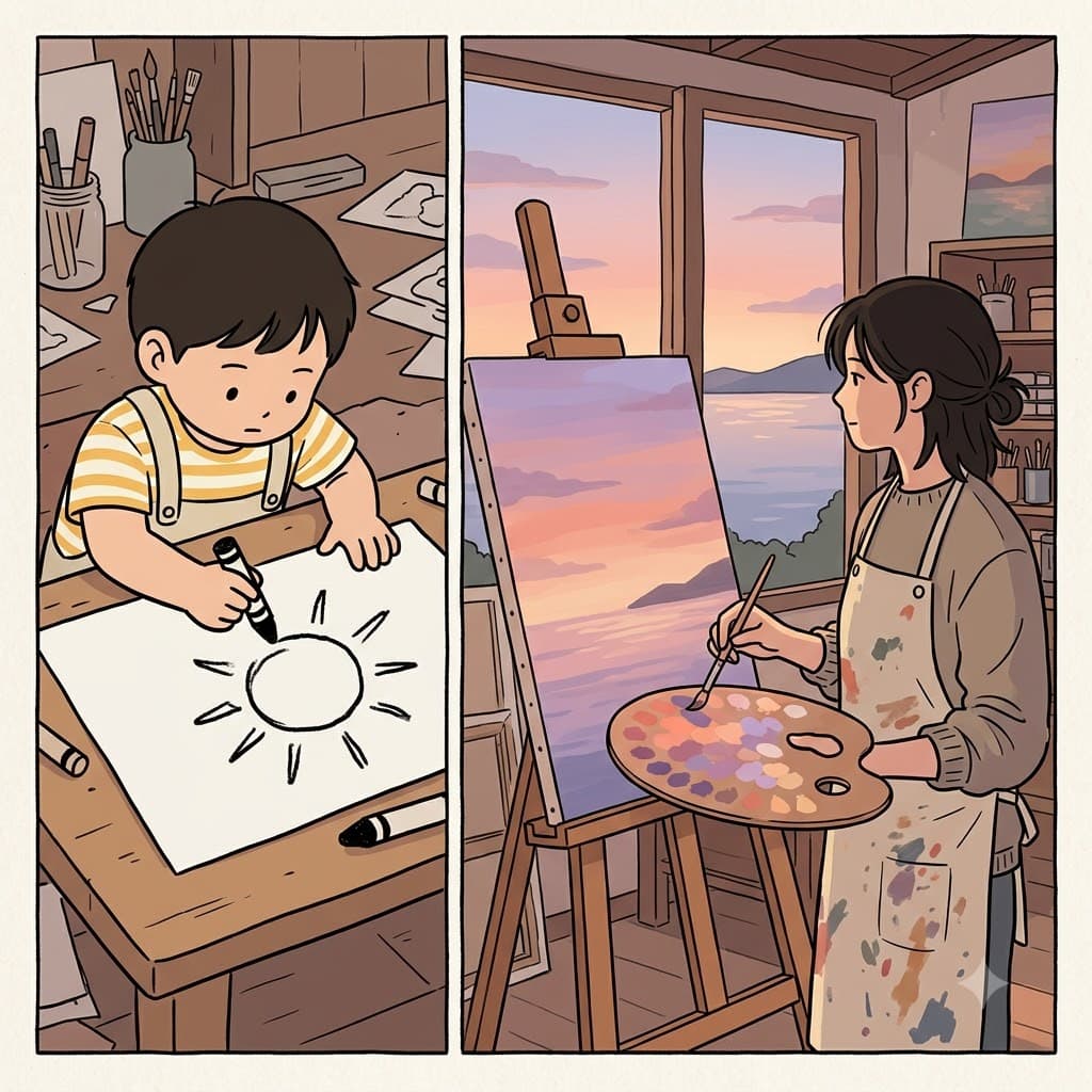 아이가 단순한 흑백 크레용만 사용했던 반면, 화가는 노을의 미묘한(nuanced) 빛을 포착하기 위해 섬세한 파스텔 색조를 섞었다.
